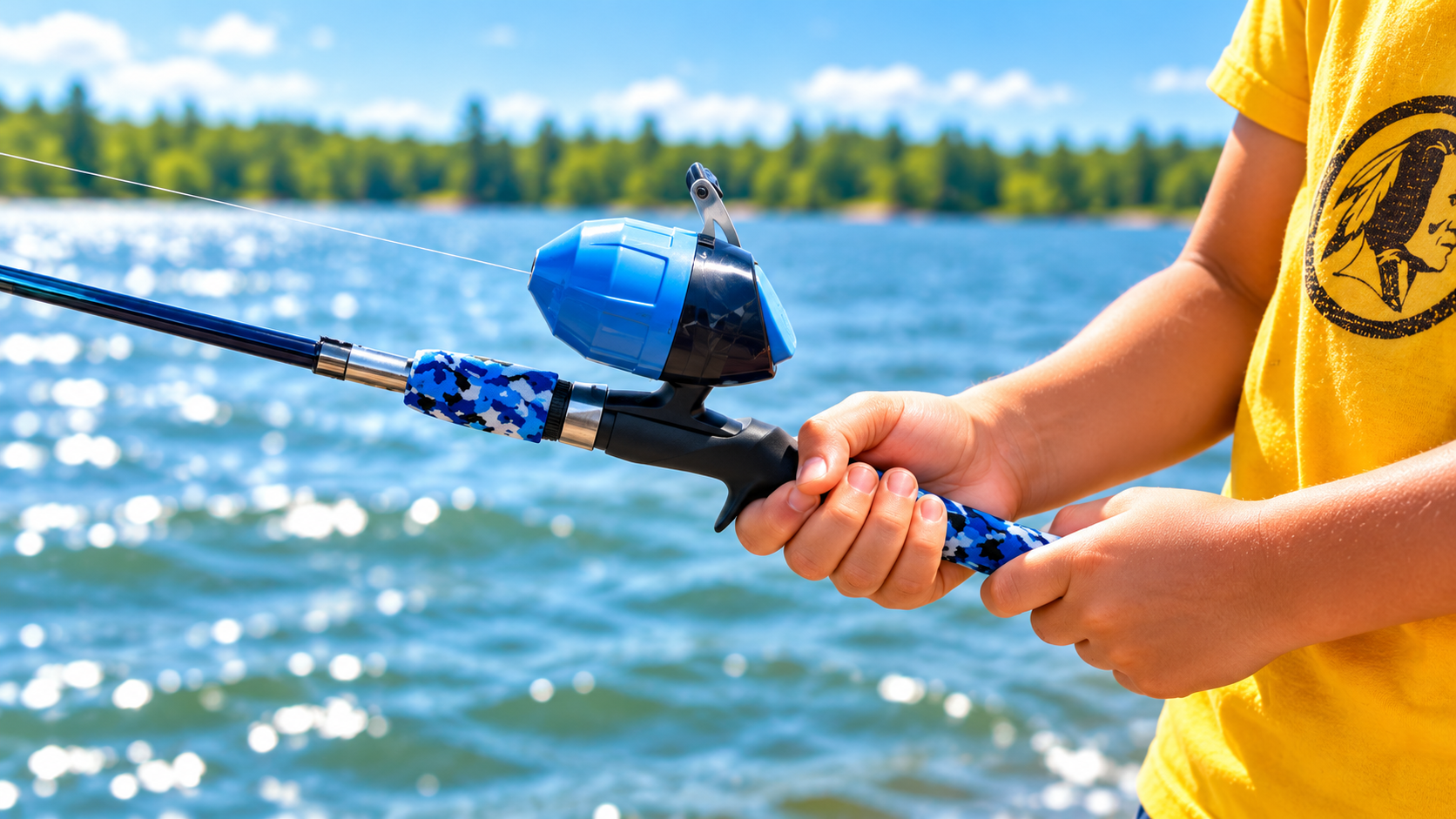 Kid-friendly push-button spincast fishing reel designed for small hands.