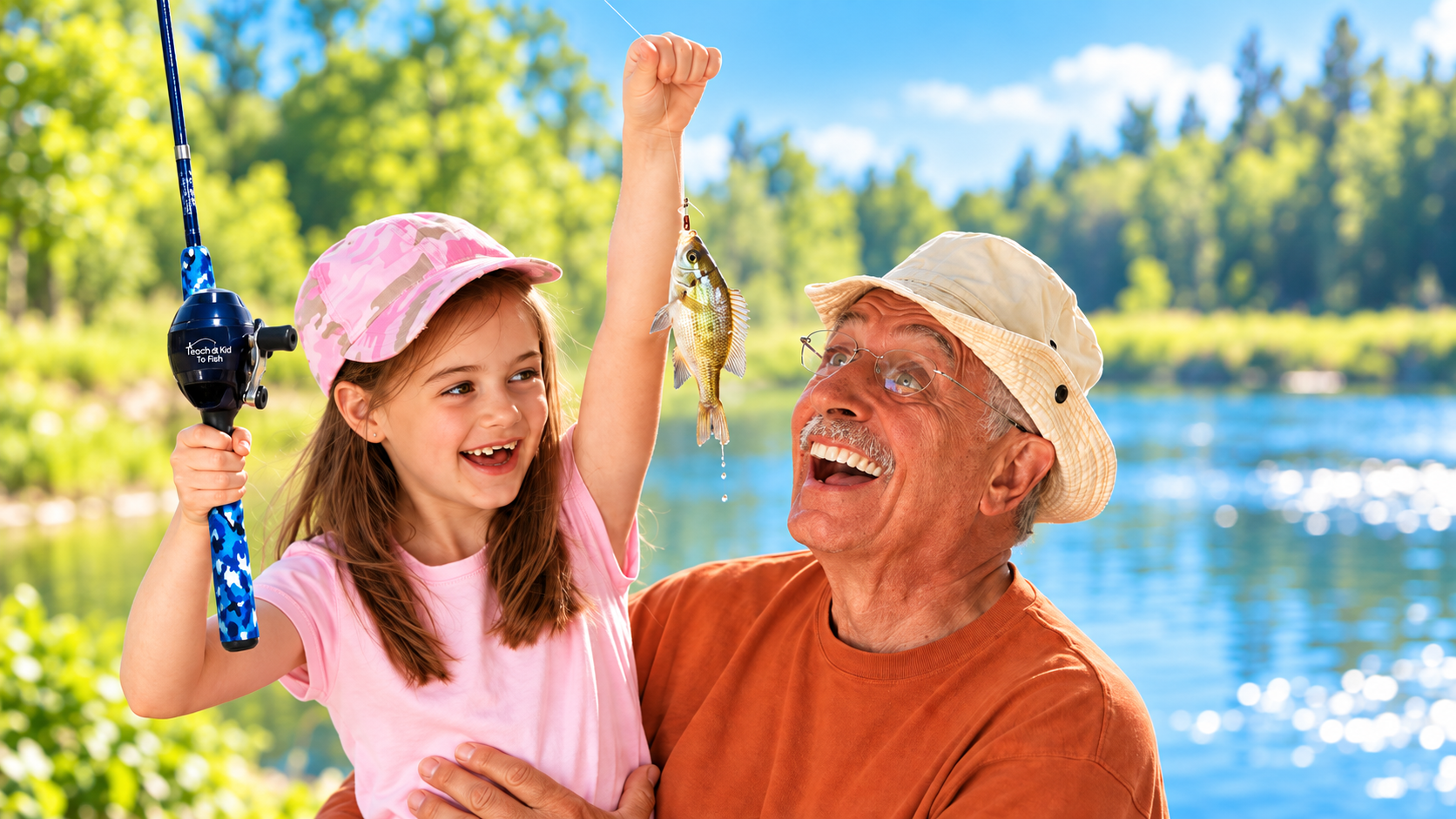 Grandparent celebrating a child's first fish during a beginner fishing trip.